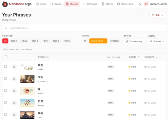 Phrase library showing tracked vocabulary