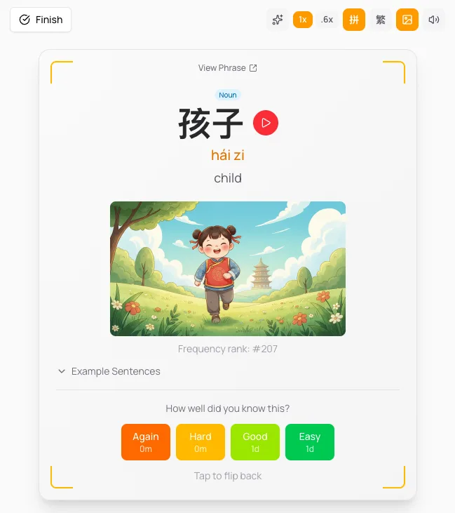 Spaced repetition review interface showing a Spanish phrase